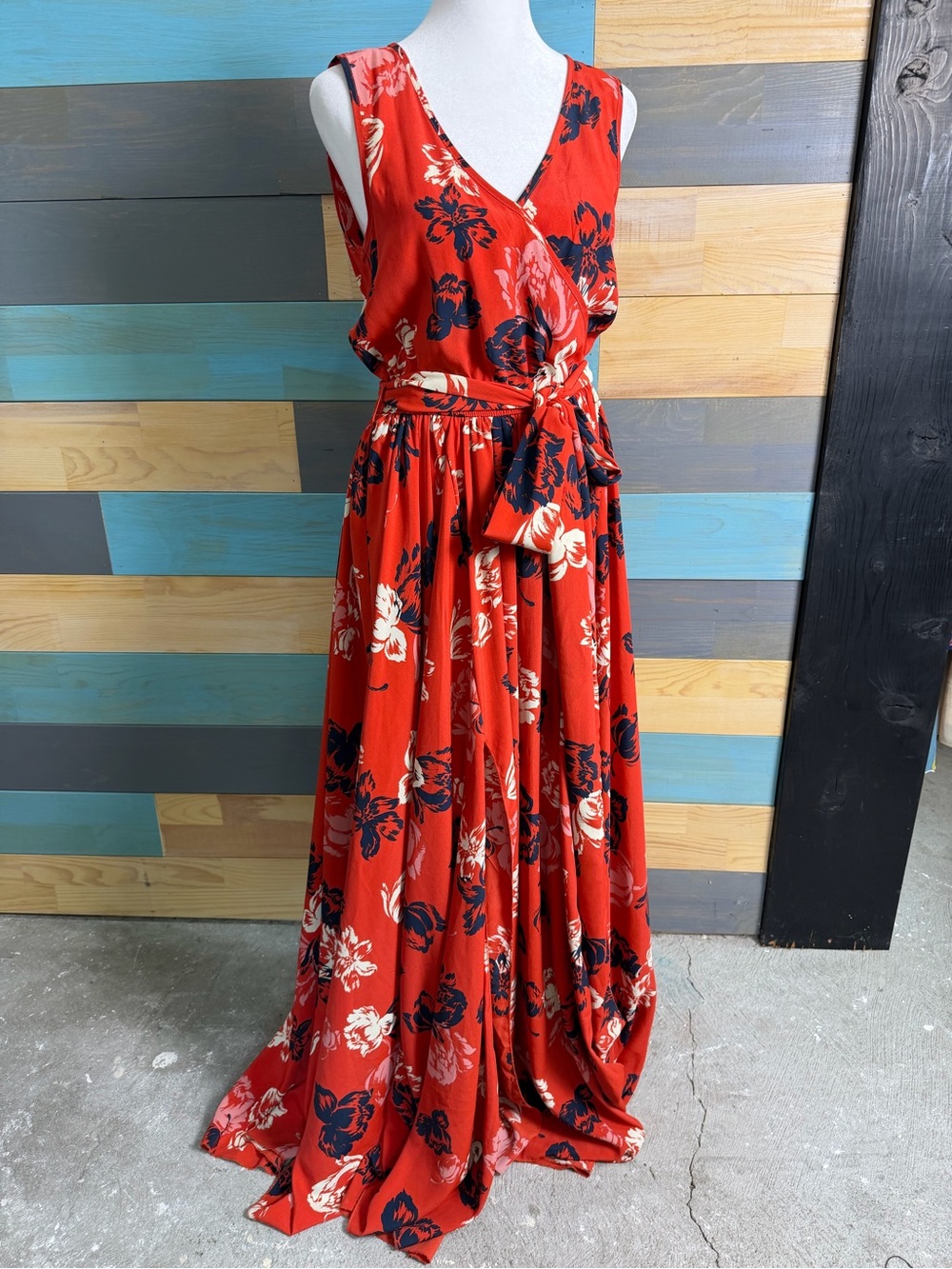 Vici Red Floral  Maxi Dress with Tie Waist Sleeveless Cottage Fairy Hawaiian